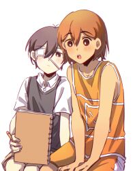 Rule 34 | 2boys, :o, absurdres, antenna hair, arms between legs, bailan1130, bare arms, bare shoulders, between fingers, black eyes, black hair, black sweater vest, blush, bright pupils, brown hair, closed mouth, collared shirt, cowboy shot, double-parted bangs, eyepatch, hair between eyes, highres, holding, holding notebook, holding pencil, kel (faraway) (omori), kel (omori), looking at object, male focus, multiple boys, notebook, omori, open mouth, orange shorts, orange tank top, pencil, shirt, short hair, shorts, side-by-side, simple background, sitting, spoilers, sunny (omori), sweater vest, tank top, v arms, white background, white pupils, white trim