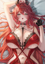 Rule 34 | 1girl, arm up, armpits, between breasts, black gloves, black necktie, breasts, clothing cutout, commentary, dress, earrings, evening gown, fingerless gloves, gloves, goddess of victory: nikke, horns, huge breasts, jewelry, long hair, mechanical horns, mrr 05, navel, necktie, necktie between breasts, official alternate costume, on bed, red dress, red hair, red hood (nikke), red hood (nonsense red) (nikke), revealing clothes, solo, stomach cutout, sweat, tongue, tongue out, underboob, very long hair, yellow eyes