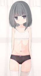 1girl absurdres black_panties blush bow bow_panties bra collarbone curtains flat_chest grey_eyes grey_hair highres loli looking_at_viewer navel original panties pink_bow polka_dot polka_dot_panties shooko short_hair smile standing thighhighs underwear white_bra white_thighhighs window