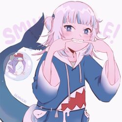 1girl bloop_(gawr_gura) blue_eyes blue_hair blue_hoodie blunt_bangs blush commentary english_commentary english_text fins fish_tail gawr_gura grey_hair grin hair_ornament hololive hololive_english hood hood_down hoodie looking_at_viewer multicolored_hair renkkai shark_girl shark_tail sharp_teeth signature simple_background smile streaked_hair tail teeth two_side_up virtual_youtuber