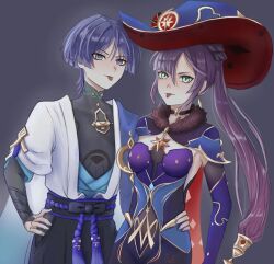 1boy 1girl alternate_hairstyle aqua_eyes arm_at_side armor belt black_belt black_bodysuit black_bow black_bridal_gauntlets black_choker black_shorts blue_cape blue_hat blue_kimono blue_leotard blue_sleeves blunt_bangs blunt_ends bodystocking bodysuit bow bridal_gauntlets bright_pupils brooch cape choker crescent crescent_hat_ornament crotch delisha_lia detached_sleeves earrings elbow_gloves eyelashes eyeliner eyeshadow fingernails fur_collar furisode genshin_impact gloves gold gold_ring gold_trim grey_background hair_between_eyes hand_on_another&#039;s_hip hand_on_own_hip hat hat_bow hat_ornament highres hip_vent japanese_armor japanese_clothes jewelry juban kimono kote kurokote layered_sleeves leotard long_hair looking_at_viewer makeup mandarin_collar middle_ring mona_(genshin_impact) mona_(pact_of_stars_and_moon)_(genshin_impact) open_clothes open_kimono parted_bangs ponytail ponytail_holder purple_eyes purple_hair purple_leotard purple_rope purple_sash purple_sleeves red_bow red_cape red_eyeliner red_eyeshadow red_hat rope sash scaramouche_(genshin_impact) short_sleeves shorts signature star_(symbol) star_brooch star_choker star_earrings star_hat_ornament star_print tassel tongue tongue_out tsurime two-sided_fabric two-sided_headwear wanderer_(genshin_impact) white_kimono white_pupils white_sleeves wispy_bangs witch_hat