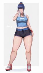Rule 34 | 1girl, artist name, black hair, black shorts, blue eyes, blue hair, blue shirt, grey background, gridman universe, gym shorts, long legs, midriff peek, navel, orange scrunchie, ponytail, scrunchie, shee-p (inemurisheep113), shirt, shoes, short shorts, shorts, sleeveless, sleeveless shirt, sneakers, solo, ssss.gridman, standing, sweat, sweatband, takarada rikka, thick thighs, thighs, towel, towel around neck, wiping face, wristband