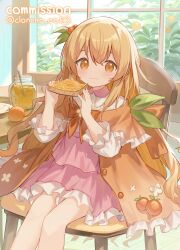 1girl absurdres bow bread bread_slice cape chair cloneko_(zelmeledf2) closed_mouth commentary_request commission food food-themed_hair_ornament frilled_skirt frills fruit hair_ornament high-waist_skirt highres holding holding_food indoors jam long_hair looking_at_viewer miniskirt orange_(fruit) orange_bow orange_cape orange_eyes orange_hair orange_hair_ornament orange_theme original pink_skirt shirt sitting skeb_commission skirt solo toast white_shirt window