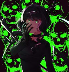 Rule 34 | 1girl, black choker, black dress, black hair, black rock shooter, black wings, choker, dead master, dress, green eyes, hand on own face, highres, horns, medium hair, skeletal hand, skull, wavy hair, wings, yuansf3