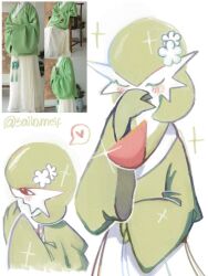 Rule 34 | artist name, blush, bob cut, clothed pokemon, colored skin, flower, gardevoir, gen 3 pokemon, green hair, green skin, hair flower, hair ornament, heart, multicolored skin, multiple views, nintendo, photo inset, pink eyes, pokemon, pokemon (creature), sailameif, simple background, two-tone skin, white background, white flower, white skin, wide sleeves
