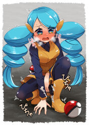 1girl ace_trainer_(pokemon) between_legs black_pantyhose black_shirt blue_eyes blue_hair blush boots border breasts breath bright_pupils collared_shirt creatures_(company) drill_hair embarrassed female_focus full_body game_freak grey_background hair_ornament hand_between_legs hand_on_ground have_to_pee heavy_breathing japanese_text long_hair long_sleeves medium_breasts miniskirt mizuumi_(expanse_lake) multicolored_eyes nintendo nose_blush open_mouth orange_boots orange_eyes orange_skirt orange_vest pantyhose pee peeing peeing_self pleated_skirt poke_ball poke_ball_(basic) pokemon pokemon_bw puddle raised_eyebrows shirt skirt solo spread_legs squatting sweat swept_bangs translation_request trembling twin_drills twintails vest white_border white_pupils