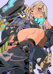 Rule 34 | 1girl, absurdres, black gloves, black jacket, black nails, black shirt, blonde hair, bow, braid, chain, chain necklace, dark-skinned female, dark skin, earrings, fingerless gloves, from below, garter belt, garter straps, glasses, gloves, hair ornament, highres, holding, holding knife, jacket, jewelry, kaminari qpi, kaminari qpi (5th costume), knife, lightning bolt, lightning bolt earrings, lightning bolt hair ornament, lightning bolt symbol, long hair, loose socks, necklace, official alternate costume, orange eyes, plaid clothes, plaid skirt, purple background, shirt, single glove, skirt, slav squatting, socks, solo, squatting, tetsu booya, v, virtual youtuber, vspo!, yellow skirt
