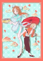 1boy 1girl brown_eyes brown_hair china_dress chinese_clothes couple dress face-framing_short_strand highres holding holding_umbrella loose_hair_strand m15391599 parted_bangs round_eyes sano_manjirou tokyo_revengers umbrella