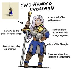 1girl :d absurdres age_of_empires_(series) age_of_empires_ii armor blush boots breastplate breasts english_text genderswap genderswap_(mtf) grey_hair helmet highres holding holding_helmet holding_sword holding_unworn_helmet holding_weapon kabewski large_breasts long_hair medieval open_mouth reference_inset smile solo sword two-handed_swordsman_(age_of_empires_2) typo weapon white_background