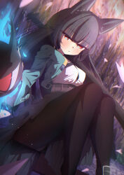 1girl absurdres animal_ear_fluff animal_ears aqua_jacket black_hair black_pantyhose black_skirt blunt_bangs blush eyeball feet_out_of_frame fox_ears fox_girl highres hoshimi_miyabi jacket long_hair lying open_clothes open_jacket pantyhose parted_lips red_eyes sendo_(sendo758) shirt skirt tailless_(zenless_zone_zero) white_shirt zenless_zone_zero