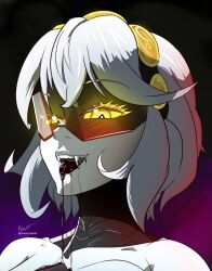 1girl absurdres android black_hair black_tongue blonde_hair blood blood_from_mouth colored_skin commentary crunchytoast33 drooling english_commentary evil_smile eyelashes fangs highres medium_hair murder_drones open_mouth portrait purple_background raised_eyebrows signature smile solo sunglasses tongue tongue_out twitter_username v_(murder_drones) white_hair white_skin yellow_eyes