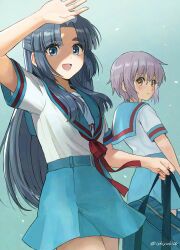 Rule 34 | 2girls, :d, asakura ryoko, blue eyes, blue hair, blue sailor collar, blue skirt, breasts, forehead, glasses, half updo, hand up, highres, ishiyuki, kita high school uniform, long hair, multiple girls, nagato yuki, nagato yuki-chan no shoushitsu, open mouth, parted bangs, purple hair, red ribbon, ribbon, sailor collar, school uniform, serafuku, short hair, short sleeves, skirt, smile, summer uniform, suzumiya haruhi no shoushitsu, suzumiya haruhi no yuuutsu, tongue