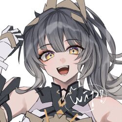 1girl grey_hair hair_ornament jewelry looking_at_viewer mechanical_arms nanami_(pgr) open_mouth ponytail punishing:_gray_raven solo speech_bubble takamatu_hajime translation_request yellow_eyes