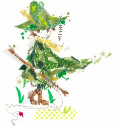 1boy abstract boots brown_boots brown_eyes brown_hair coat commentary fish_hook fishing_line fishing_rod from_side full_body green_coat green_hat hat holding holding_fishing_rod knee_boots large_hat long_sleeves looking_to_the_side male_focus masking_tape_(medium) mixed_media moomin poncho_(ponpontyo_8) short_hair simple_background snufkin solo standing standing_on_one_leg traditional_media unconventional_media white_background