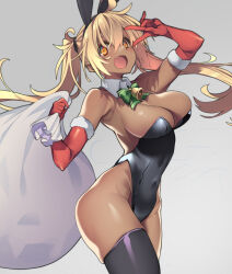 10mo 1girl :d animal_ears bare_shoulders bell black_leotard black_thighhighs blonde_hair bow bowtie breasts covered_navel dark-skinned_female dark_skin detached_collar elbow_gloves fake_animal_ears fang fur-trimmed_gloves fur_trim gift_bag gloves green_bow green_bowtie grey_background groin highleg highleg_leotard highres leotard long_hair looking_at_viewer medium_breasts narrow_waist neck_bell open_mouth orange_eyes original perky_breasts playboy_bunny rabbit_ears red_gloves santa_gloves simple_background skin_fang skindentation smile solo strapless strapless_leotard thighhighs twintails undersized_breast_cup v v_over_eye wing_collar