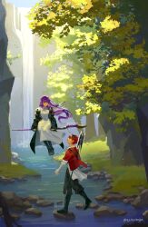 1boy 1girl axe bandaged_arm bandages battle_axe black_boots black_pants black_robe blunt_bangs boots closed_eyes coat commentary double-sided_axe dress english_commentary estereggz fern_(sousou_no_frieren) flying grass highres holding holding_staff leaf long_hair looking_up mage_staff on_weapon outdoors pants purple_hair red_coat red_hair river robe rock short_hair sitting sleeves_past_wrists sousou_no_frieren staff stark_(sousou_no_frieren) straight_hair tree twitter_username water waterfall weapon white_dress wide_sleeves
