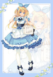 1girl bag black_bow black_shoes blonde_hair blue_border blue_dress blue_eyes blue_flower blue_ribbon border bow breasts collared_dress commentary_request dress flower frilled_shirt_collar frills full_body hair_flower hair_ornament hair_ribbon hairclip highres long_hair looking_at_viewer open_mouth original pantyhose pleated_dress puffy_short_sleeves puffy_sleeves purinpurin ribbon shoes short_sleeves small_breasts solo standing striped_clothes striped_dress two_side_up vertical-striped_clothes vertical-striped_dress very_long_hair white_pantyhose x_hair_ornament zoom_layer