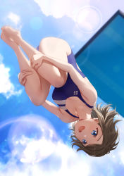 1girl :d barefoot blue_eyes blue_one-piece_swimsuit blue_sky breasts brown_hair cleavage competition_swimsuit day highres jumping lens_flare love_live! love_live!_sunshine!! medium_breasts one-piece_swimsuit open_mouth outdoors shamakho short_hair sky smile solo sunlight swimsuit thighs upside-down watanabe_you