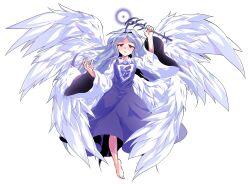 1girl alphes_(style) angel angel_wings barefoot blue_hair breasts collared_shirt commentary_request dairi dress feathered_wings feathers full_body genderswap genderswap_(otf) hair_intakes highres holding holding_wand large_variant_set left-handed long_hair long_sleeves looking_at_viewer multiple_wings open_mouth parody parted_bangs purple_dress red_eyes sariel_(touhou) seraph shirt smile solo style_parody sweatdrop touhou touhou_(pc-98) transparent_background variant_set very_long_hair wand white_shirt white_wings wide_sleeves wings