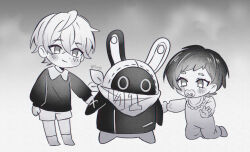 Rule 34 | 1boy, 1girl, 1other, artist name, bandana, bandana around neck, bangboo (zenless zone zero), belle (zenless zone zero), blush, brother and sister, closed mouth, commentary, crossed bangs, eous (zenless zone zero), felichiii, grey hair, greyscale, hair between eyes, hashtag-only commentary, highres, looking at viewer, monochrome, pacifier, siblings, smile, symbol-only commentary, wise (zenless zone zero), zenless zone zero