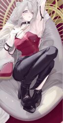 1girl animal_collar animal_ears arm_up armpits bare_shoulders belt black_belt black_boots black_pants boots breasts chain chain_leash collar detached_sleeves ear_piercing edge_ill from_above full_body grey_eyes grey_hair high_heel_boots high_heels highres hololive jewelry knees_up large_breasts leash legs leotard lion_ears long_hair looking_at_viewer lying necklace on_back pants parted_lips piercing red_leotard shishiro_botan solo strapless strapless_leotard toe_cleavage virtual_youtuber