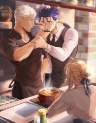 1girl 2boys apron archer_(fate) artoria_pendragon_(fate) black_necktie black_shirt black_vest blonde_hair blue_ribbon brown_apron collarbone collared_shirt commentary cu_chulainn_(fate) drinking earrings emiya-san_chi_no_kyou_no_gohan english_commentary fate/stay_night fate_(series) food gravesecrets hair_bun hand_on_another&#039;s_arm hand_on_own_face hand_on_own_hip indoors jewelry kitchen leaning_on_table long_hair long_sleeves multiple_boys necktie open_mouth ponytail red_eyes ribbon saber_(fate) shirt short_hair sleeves_rolled_up soup steam tan toned toned_male vest white_hair white_shirt yaoi