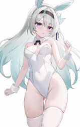 Rule 34 | 1girl, absurdres, blue hair, blush, breasts, collarbone, embarrassed, firefly (honkai: star rail), hand on own hip, highres, honkai: star rail, honkai (series), leotard, looking at viewer, medium breasts, multicolored hair, open mouth, pantyhose, playboy bunny, playboy bunny swimsuit, purple eyes, rabbit ears, simple background, smile, socks, solo, two-tone hair, white background, white hair, white pantyhose, white socks