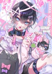 &gt;_&lt; 2boys :o absurdres animal_ears artist_name backpack bag bandaid bandaid_on_cheek bandaid_on_face bandaid_on_knee bandaid_on_leg black_collar black_hair black_shorts blue_eyes blush chibi collar commentary_request ear_piercing fang fox_ears hair_between_eyes hair_ornament heart heart_hair_ornament highres kaminoq kneehighs long_sleeves looking_at_viewer loose_socks male_focus multiple_boys open_mouth original piercing shirt short_hair shorts skin_fang socks speech_bubble thigh_strap translation_request upper_body white_shirt white_socks