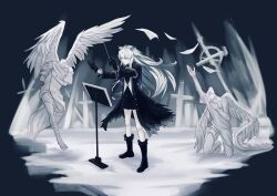 1girl absurdres aling539 angel_statue animal_ears arknights black_boots black_coat black_gloves black_skirt boots buttons chinese_commentary closed_mouth coat commentary_request conductor conductor_baton cross decapitation floating_hair full_body gloves grey_eyes grey_hair highres holding knee_boots lappland_(arknights) lappland_(refined_horrormare)_(arknights) latin_cross long_hair long_sleeves official_alternate_costume open_clothes open_coat outstretched_arms scar scar_across_eye scar_on_face skirt solo standing statue unbuttoned wolf_ears wolf_girl