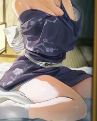 1girl absurdres bare_legs bleach breasts cleavage commentary cropped english_commentary head_out_of_frame highres indoors japanese_clothes kimono kuchiki_rukia legs looking_at_viewer no_shoes off_shoulder print_kimono purple_kimono sitting small_breasts socks solo steaming_body sweat tatami thighs waligner wariza white_socks