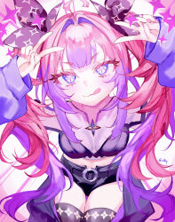 1girl :p absurdres ahoge artist_name black_shorts breasts cowboy_shot double_v highres hololive hololive_dev_is kikirara_vivi midriff mile_(off8mile) multicolored_hair shorts star-shaped_pupils star_(symbol) symbol-shaped_pupils tongue tongue_out v