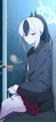 1girl absurdres animal animal_on_lap black_hair black_hoodie black_horns blue_archive blurry blurry_background cat commentary demon_horns ear_piercing exe.31 hair_between_eyes halo highres hood hood_down hoodie horns kayoko_(blue_archive) long_sleeves looking_at_viewer miniskirt multicolored_hair night on_lap petting piercing plaid_clothes plaid_skirt pleated_skirt ponytail purple_wings red_eyes red_skirt sidelocks sitting skirt solo two-tone_hair white_hair wings