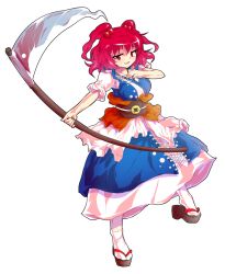 1girl black_sandals blue_dress blush brown_sash commentary_request dairi dress full_body furrowed_brow hair_bobbles hair_ornament highres holding holding_scythe large_variant_set looking_at_viewer obi okobo onozuka_komachi open_mouth platform_sandals red_eyes red_hair sandals sash scythe short_hair short_sleeves smile socks solo standing tabi tachi-e touhou two_side_up variant_set white_socks