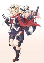 Rule 34 | 1girl, adapted costume, alternate costume, black ribbon, black serafuku, black skirt, blonde hair, cannon, commentary request, embellished costume, fingerless gloves, gloves, gradient hair, hair flaps, hair ornament, hair ribbon, hairclip, highres, kantai collection, long hair, looking at viewer, machinery, minosu, multicolored hair, original remodel (kantai collection), pleated skirt, red eyes, red scarf, ribbon, running, scarf, school uniform, serafuku, ship turret, skirt, smokestack, solo, white scarf, yuudachi (kancolle)
