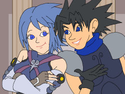 1boy 1girl aged_down aqua_(kingdom_hearts) armor bare_shoulders black_hair blue_eyes blue_hair commentary crisis_core_final_fantasy_vii crossed_arms english_commentary eye_contact eyelashes final_fantasy final_fantasy_vii gloves ian_dimas kingdom_hearts kingdom_hearts_birth_by_sleep link:_the_faces_of_evil looking_at_another nail_polish parody parted_lips pillar smile spiked_hair style_parody the_legend_of_zelda the_legend_of_zelda_(cd-i) zack_fair