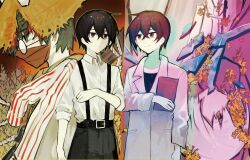 1girl 3boys akasasachii belt black_belt black_eyes black_hair black_pants book coat collared_shirt commentary crystal_wings dongbaek_(project_moon) dongrang_(project_moon) e.g.o_(project_moon) farmwatch_(e.g.o) flower glasses green_eyes green_hair hat highres holding holding_book horns lab_coat lapels limbus_company multiple_boys notched_lapels pants project_moon rice_hat rope sang_yi_(project_moon) shirt spicebush_(e.g.o) striped_coat suspenders symbol-only_commentary white_coat white_shirt yellow_eyes yellow_flower yi_sang_(project_moon)
