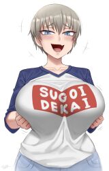 1girl blue_eyes blush breasts collarbone fang grey_hair hair_between_eyes hands_on_own_chest highres huge_breasts impossible_clothes laughing motion_lines open_mouth short_hair skin_fang smug sugoi_dekai tongue twrlare uzaki-chan_wa_asobitai! uzaki_hana