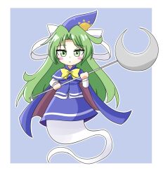 1girl blue_hat cape ghost ghost_tail green_eyes green_hair hat holding holding_wand long_hair mima_(touhou) touhou wand wizard_hat zenji029