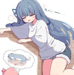 2girls blue_cat blue_hair blue_ribbon blue_shorts blunt_bangs blush cat closed_eyes commentary_request feet_out_of_frame hair_ribbon hibino_000 highres hot kotonoha_akane kotonoha_aoi long_hair long_sleeves lying multiple_girls on_side open_mouth pink_hair red_ribbon ribbon shirt shorts sidelocks speech_bubble spoken_animal sweat thought_bubble translation_request voiceroid white_background white_shirt wide_sleeves