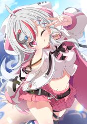 1girl :q ;q absurdres ahoge animal_hood bare_shoulders beach belt black_belt black_bow blue_sky blush bow bowtie braid breasts choker clothing_cutout collared_shirt commission crop_top cropped_shirt earrings grey_hair hair_ornament hairclip highres hood hood_up hooded_jacket hoodie jacket jewelry long_hair long_sleeves looking_at_viewer medium_breasts midriff miniskirt multicolored_hair navel one_eye_closed open_clothes open_jacket original outdoors pink_eyes pink_skirt plaid_clothes plaid_skirt pleated_skirt puffy_long_sleeves puffy_sleeves red_eyes red_hair shiro9jira shirt shoulder_cutout single_thighhigh skeb_commission skirt sky smile solo stomach streaked_hair thigh_strap thighhighs tongue tongue_out v virtual_youtuber w white_hair white_hoodie white_jacket white_shirt x_hair_ornament