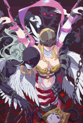 2girls angel_and_devil angewomon black_bodysuit blonde_hair bodysuit boobplate breastplate breasts chain cleavage clothing_cutout colored_skin commission covered_eyes digimon digimon_(creature) dildo evolutionary_line feathered_wings feathers futa_yuri_ryona grey_hair grey_skin helmet helmet_over_eyes highres ladydevimon large_breasts long_hair mask multiple_girls navel nefertimon pink_lips restrained sex_toy stitches stomach_cutout unworn_mask white_bodysuit white_feathers white_wings winged_helmet wings