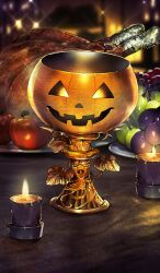 candle candlelight chalice commentary cup fate/grand_order fate_(series) fire food food_request fruit grapes jack-o&#039;-lantern lasengle no_humans object_focus official_art orange_theme sparkle still_life third-party_source turkey_(food)