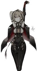 Rule 34 | 1girl, arm strap, arm up, armpits, black choker, black coat, black gloves, black pants, blonde hair, blue eyes, breasts, chest harness, choker, coat, elbow gloves, evelyn chevalier, gloves, harness, high-waist pants, highres, jewelry, large breasts, long hair, looking at viewer, mizunako, mole, mole under eye, pants, parted lips, partially fingerless gloves, shirt, simple background, single elbow glove, solo, stretching, teeth, tight clothes, tight pants, white background, white shirt, zenless zone zero