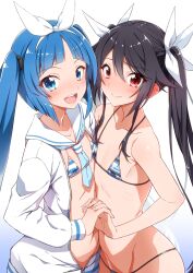 2girls :d bikini black_hair blue_background blue_eyes blue_hair blush closed_mouth crossover flat_chest groin hair_between_eyes hair_ribbon hairband highres holding_hands interlocked_fingers jacket long_hair looking_at_viewer micro_bikini multiple_girls nipako open_clothes open_jacket open_mouth ore_twintail_ni_narimasu red_eyes ribbon simple_background smile swimsuit teeth tsube_aika twintails two-tone_background ultimate_nipper upper_teeth_only white_background white_hairband white_jacket white_ribbon yuto_(dialique) zipper