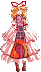 1girl alphes_(style) blonde_hair blush boots bow breasts brown_boots closed_mouth commentary_request dairi dress flame_print full_body hair_bow hat large_variant_set long_sleeves looking_at_viewer medium_breasts mob_cap multiple_hair_bows parody purple_tabard red_bow sleeves_past_wrists solo style_parody tabard tachi-e touhou transparent_background variant_set white_dress white_hat white_sleeves wide_sleeves yakumo_yukari yellow_eyes yin_yang