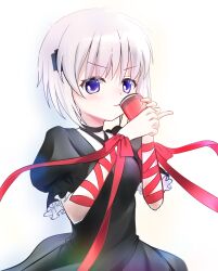 1girl absurdres ahoge arm_ribbon black_choker black_dress bloom blush bow can choker commentary cowboy_shot criss-cross_halter cross_hair_ornament dress eyes_visible_through_hair frilled_sleeves frills grey_hair hair_between_eyes hair_ornament halterneck hands_up highres holding holding_can kagari_(rewrite) long_ribbon looking_at_viewer miraikanai parted_lips pinky_out puffy_short_sleeves puffy_sleeves purple_eyes red_bow red_ribbon rewrite ribbon short_hair short_sleeves simple_background smile smug solo v-shaped_eyebrows white_background wrist_bow