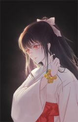 Rule 34 | 1girl, bead bracelet, beads, black background, black hair, bow, bracelet, eeeng l, facial mark, hair between eyes, hair bow, hair ribbon, half updo, hand in own hair, iori utahime, japanese clothes, jewelry, jujutsu kaisen, kimono, lipgloss, long hair, looking to the side, mature female, orange eyes, red skirt, ribbon, scar, scar on face, sidelocks, skirt, solo, white bow, white kimono, white ribbon, wide sleeves