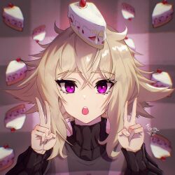 Rule 34 | 1girl, absurdres, artist name, black sweater, blonde hair, cake, cake on head, cake slice, chromatic aberration, commentary, double v, english commentary, faron, food, food-themed background, food on head, grey sweater vest, hair flaps, highres, looking at viewer, messy hair, object on head, open mouth, plaid background, plaid clothes, plaid sweater vest, portrait, purple eyes, short hair, sidelocks, solo, sweater, sweater vest, teeth, turtleneck, turtleneck sweater, upper teeth only, urotsuki, v, yume 2kki