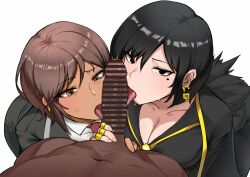 Rule 34 | 2girls, absurdres, bar censor, binah (project moon), black cape, black coat, black dress, black eyes, black hair, blonde hair, breasts, brown eyes, brown hair, cape, censored, cleavage, clothed female nude male, coat, collarbone, colored inner hair, commentary, cooperative fellatio, dark-skinned female, dark skin, dress, earrings, english commentary, erection, fellatio, ffm threesome, fur-trimmed coat, fur trim, group sex, hetero, highres, jewelry, large penis, licking, licking penis, limbus company, lobotomy corporation, looking at viewer, mole, mole under eye, multicolored hair, multiple girls, necktie, nude, oral, outis (project moon), penis, pov, pov crotch, project moon, red necktie, ring, shirt, short hair, simple background, sweat, teamwork (sexual), tetsunana, threesome, tongue, tongue out, veins, veiny penis, white background, white necktie