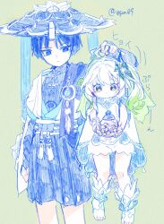 1boy 1girl anklet arm_at_side black_bodysuit black_bow black_cape black_eyes black_hair black_shorts bloomers blue_gemstone blue_kimono blue_sleeves blunt_ends blush bodysuit bow bright_pupils candy cape cape_grab clenched_hand closed_mouth clothes_grab colored_tips covered_collarbone cross-shaped_pupils dress eyelashes eyeliner eyeshadow feathers food furisode gem genshin_impact gold green_background green_cape green_eyes green_hair grey_halo hair_ornament hakama hakama_shorts halo hat highres ishikoro1645 japanese_clothes jar jewelry jingasa juban kimono layered_sleeves leaf leaf_hair_ornament lifting_person looking_at_another looking_at_object looking_down makeup middle_ring multicolored_hair nahida_(genshin_impact) open_clothes open_kimono pleated_shorts pointy_ears pom_pom_(clothes) red_eyeliner red_eyeshadow rope sash scaramouche_(genshin_impact) short_sleeves shorts shoulder_peek sketch socks symbol-shaped_pupils tareme tassel toeless_socks translation_request twitter_username underwear vision_(genshin_impact) wanderer_(genshin_impact) white_bloomers white_dress white_hair white_kimono white_pupils white_rope white_sash white_sleeves white_socks